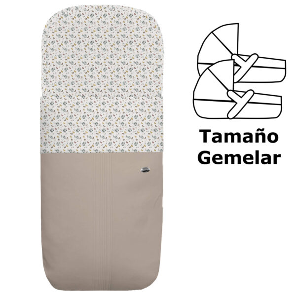 Saco para capazo gemelar en polipiel jaretas tostado con el interior en pelo estampado Zoe