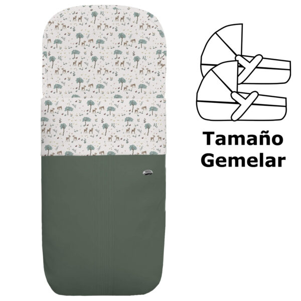 Saco para capazo gemelar en polipiel jaretas verde con el interior en pelo estampado Bambi